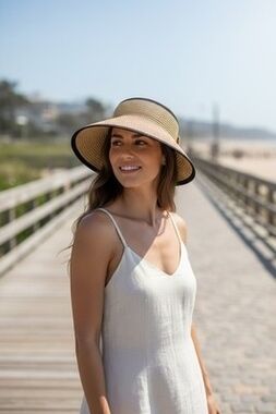 Kallina Straw Visor Sun Hat Wide Brim Packable Tan Black Bow Women's OS VG